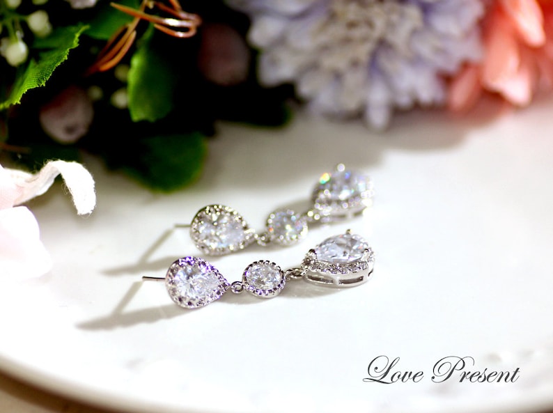 Choose your color New Extra Grand cubic zirconia earrings Bride Jewelry Tear Drop Dangle CZ Earrings for Wedding Silver or Gold Plated
