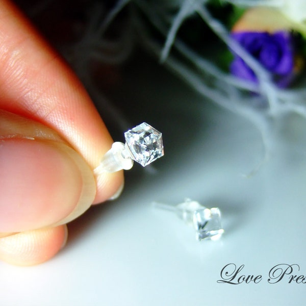 Swarovski Crystal Stud Cute Chic Cube Earrings - Color Clear Crystal - Hypoallergenic or Metal post - Choose your post