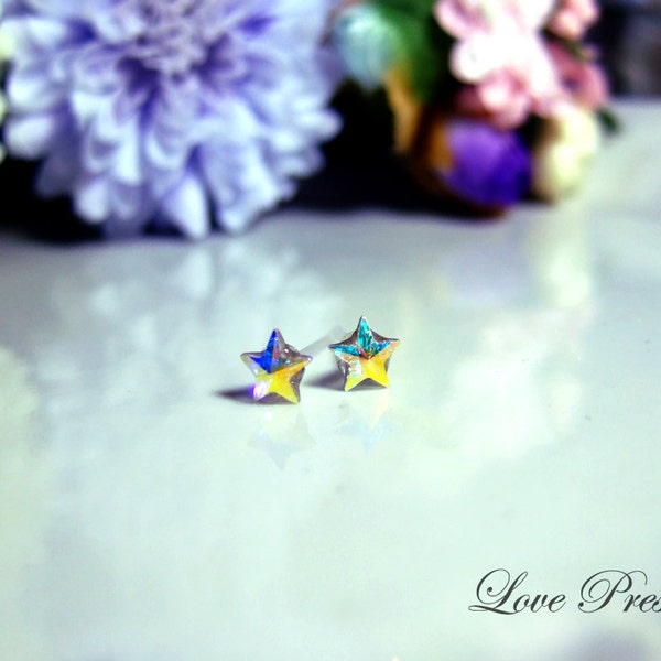 Swarovski Crystal Stud Cutie Little Star Earrings - Color Aurore Boreale - Hypoallergenic or Metal post - Choose your post