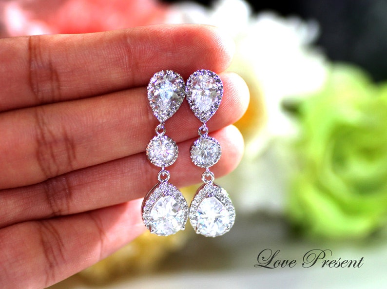 Choose your color New Extra Grand cubic zirconia earrings Bride Jewelry Tear Drop Dangle CZ Earrings for Wedding Silver or Gold Plated