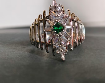 Silver 925 Art Deco Emerald and Diamond Cocktail Ring – Statement Geometric Ring