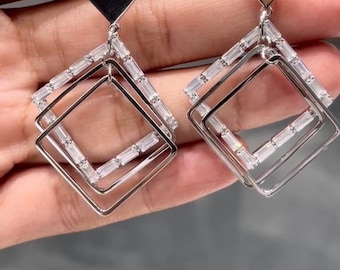 Sterling Silver Geometric Drop Earrings: Modern Square Dangle, Handmade
