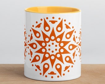 Süße Kaffeetasse, Muttertagstasse, orangefarbene Mandala-Tasse mit gelber Innenseite, Kaffeetasse, Teetasse, Kakaotasse, Meditation, ethnische Tasse