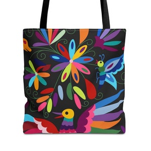 Black Otomi Tote Bag, Mexican Design Tote, Colorful Handbag, Ethnic Book Bag