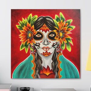 Suikerschedel, Dag van de Doden, Dia de los Muertos, Rode Calavera, Print Canvas Gallery Wraps, Print op Canvas, Moederdag Cadeau