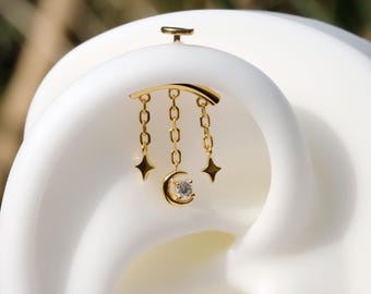 Pendiente colgante de cadena de hélice vertical/Joyería para cartílago con media luna y estrella de circonita cúbica/Plata 925/Chapado en oro de 18 quilates/Tachuela de torre sin rosca con parte trasera plana
