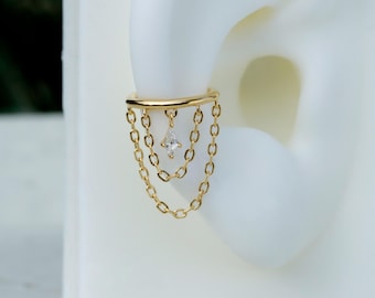 Double Chain Conch Hoop with Diamond-Cut Dangle • 16G 10mm Cartilage Earring/ Sterling Silver Plated 18K Gold/ Unique Conch Piercing Jewelry