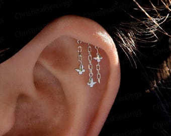 Butterfly Hidden Helix Piercing Jewelry, S925 Threadless Dangle End & Titanium Flat Back Earring, Triple Dangles Floating Helix Stud Gold