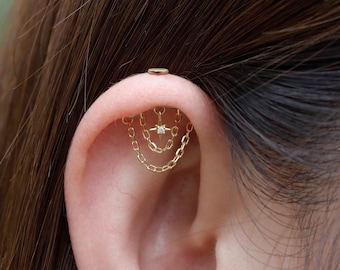 Verticale helix piercing ster zonder schroefdraad push-in-stud • sterlingzilver verguld 18 kt goud • platte achterkant verborgen toren kraakbeen oorbel 16 g/18 g/20 g