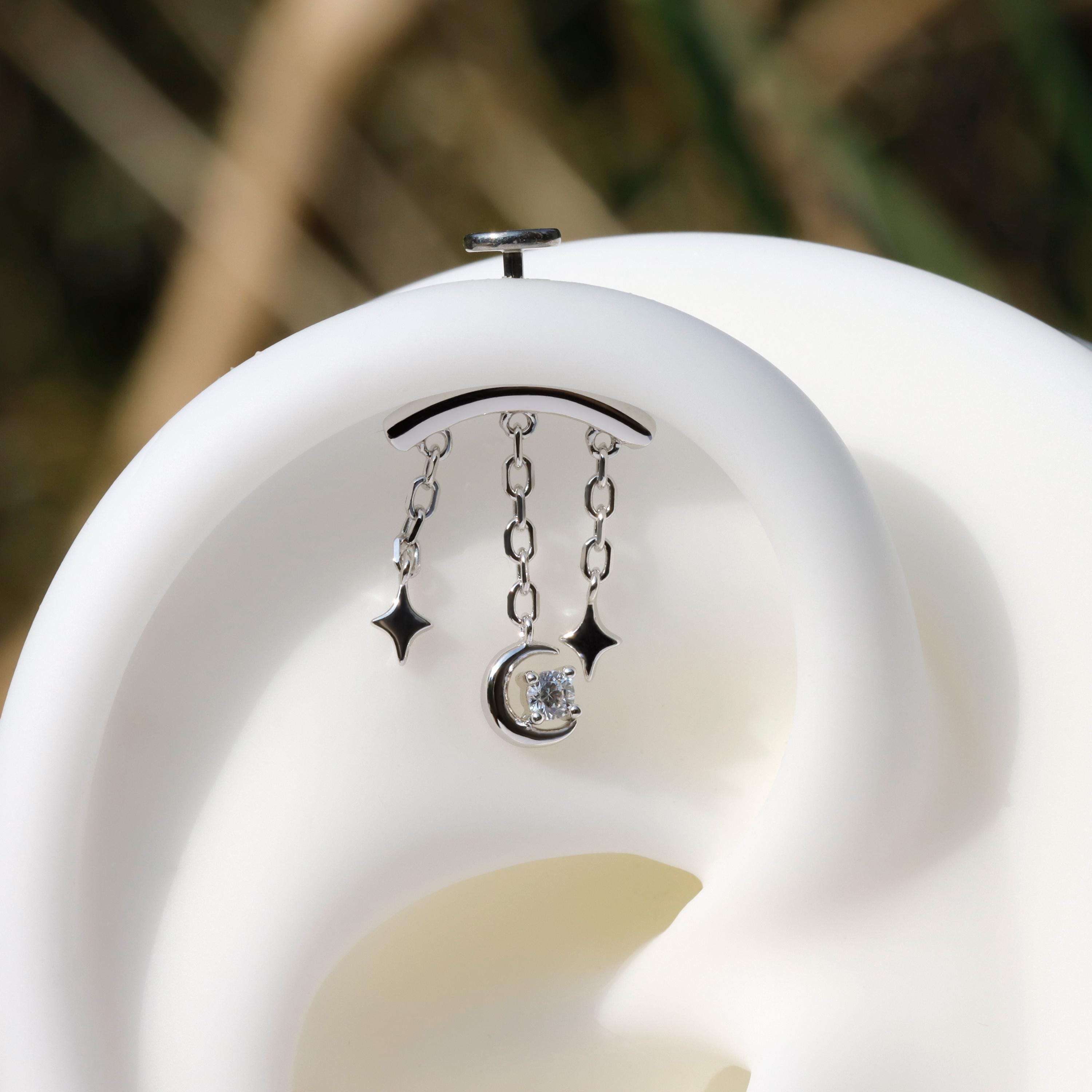 Vertical Helix Chain Dangle Earring| CZ Crescent Moon & Star Cartilage ...