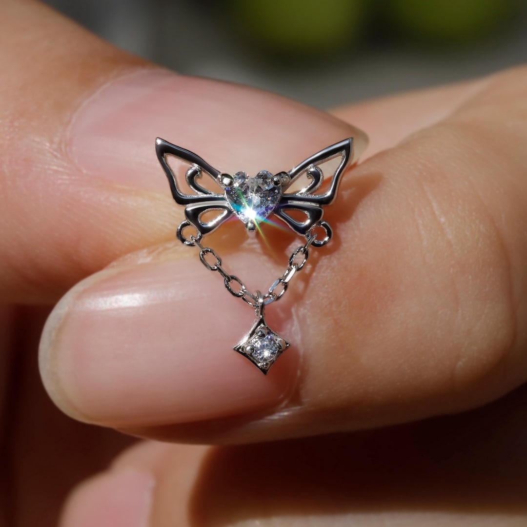 Butterfly Helix Stud Earring – Heart CZ Cartilage Chain Earring | Threadless Flat Back | Gold or Silver | Cartilage Dangle Piercing Jewelry - Etsy Japan