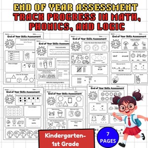 May include: A collection of seven black and white worksheets for kindergarten and 1st grade, designed to assess skills in math, phonics, and logic. The worksheets include various exercises, such as unscrambling sentences, counting, and tracing shapes. A young girl is shown on the right.