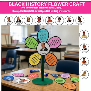 12 Black History Month Heroes Interactive Flower: onderzoek en prikborddecor | Knippen en plakken | Knutselactiviteit | Direct downloaden | Pdf