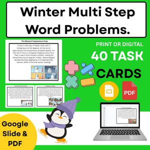 Winter Math Task Cards | 40 Multi-Step Word Problems | 3rd 4th 5th Grade