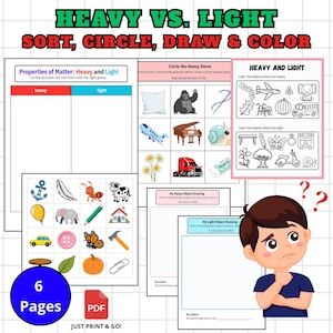 Puede incluir: Hoja de trabajo imprimible educativa titulada "Pesado vs. Ligero" con actividades de clasificación, dibujo y coloreado. Incluye imágenes de objetos para categorizar, un niño pensando y el texto "Just Print & Go!"