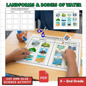 May include: A science activity sheet titled "Landforms & Bodies of Water" with illustrations of mountains, volcanoes, lakes, and more. Includes the text "Cut and Glue Science Activity" and "K-2nd Grade".