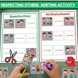 May include: A Respecting Others sorting activity worksheet with two columns labeled Respecting Others and Not Showing Respect. The pages feature cartoon illustrations of children interacting, with boxes marked GLUE HERE for cutouts.