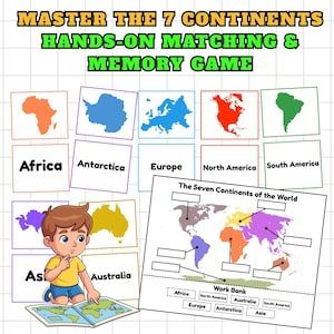 May include: Educational game featuring a world map and continent cards. The game includes cards with continent outlines and names, and a matching activity. The title reads "Master the 7 Continents Hands-On Matching & Memory Game."