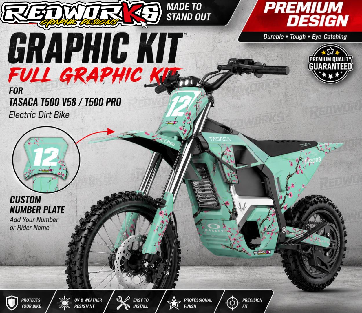 Tasaca T500 Electric Dirt Bike Sakura Graphics Kit | Mint Cherry