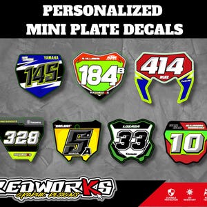 May include: A collection of personalized mini plate decals in various colors and designs. Each decal features a unique number and brand logo, including Yamaha, KTM, Honda, and Kawasaki. The text "PERSONALIZED MINI PLATE DECALS" is at the top.