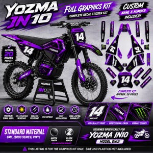 May include: A purple and black Yozma IN10 full graphics kit with the number 14. The kit includes a complete decal sticker set, designed for the Yozma IN10 model. Features include premium 20mil vinyl, UV and weather resistance, and easy installation.
