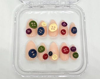 Colorful 3D Button Hand-Painted Almond Press-On Nails, 3D Art Hand Sculpted Multi-Color Nails