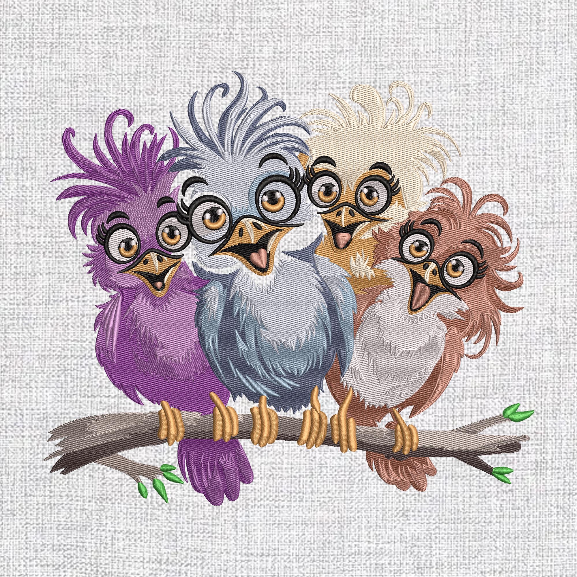 Funny Cartoon Birds Embroidery Design, Cute Owl Friends Machine File, Colorful Bird Group Design, Fu