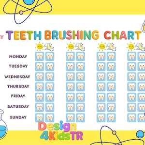Printable My Teeth Brushing Chart, Kids & Children Teeth Brush Tracker, Tooth ,Science,Yellow, Girls,Boys,Baby Game,Habit,Table,Bathroom