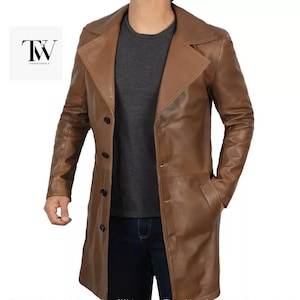 Men Brown Leather Trench Coat Men&#39;s Double Breasted Long Coat Men Motorcycle Rider Biker Coat Men Lambskin Real Leather Coat Halloween Gift