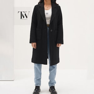 Vintage Black Wool Long Coat Winter Full Length Wool Trench Coat Black Merino Wool Coat for Womens Wool Boho Coat Cardigan Wool Coat