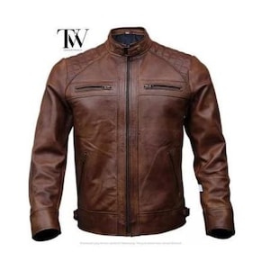 Mens Brown Waxed  Real Leather Jacket Men Quilted Biker Rider Aviator Motorcycle  Slim Fit  Jacket Genuine Lambskin Handmade Leather Jacket