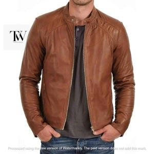 Mens Brown Genuine Leather Jacket/Men Cafe Racer Leather Jacket/Men Biker Style Leather Jacket/Handmade Leather Jacket/Halloween Gift