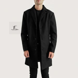 Mens Black Wool Blend Double-Breasted Long Overcoat/Men Black Office Wool Coat/Wool Long Coat Men Trench Duster Wool Coat Handmade Wool Coat