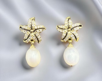 Starfish Freshwater Pearl Earrings, Gold Plate Pearl Earrings,Modern Bridal Earrings,Black Zircon Earrings,Floral Stud Earrings,Gift for her