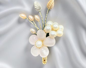 Real Freshwater Pearl Floral Bouquet Pin, Gold Plated Pearl Brooch, Pink Quartz Floral Pearl Brooch, Pearl Brooch Pin, Gift for her