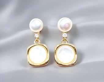 Shell Pearl Earrings, Gold Plated Pearl Earrings, Modern Bridal Earrings, Blue Pearl Earrings, Stud Earrings, Gift for her, Elegant Earring