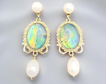 Abalone Shell Freshwater Pearl Earrings, Gold Plated Pearl Earrings, Modern Bridal Earrings, Moonlight Earrings, Stud Earrings, Gift for her