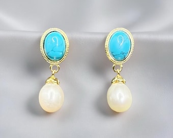Blue Turquoise Pearl Earrings, White Shell Pearl Earrings, Modern Bridal Earrings, Real Fresh Waterpearl Earrings,Stud Earrings,Gift for her
