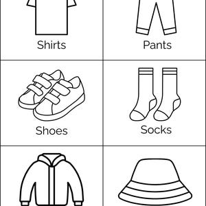 May include: Black and white line drawings of clothing items on a white background. The image includes a shirt, pants, shoes, socks, a jacket, and a hat. Each item is labeled with its name in a simple, clear font.