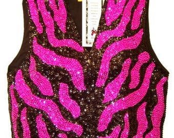 Zebra pailletten vest in zwart fuchsia, opvallende top, sprankelende zebra rave outfit, neon club outfit, zebra festival look, gedurfde zebra outfit