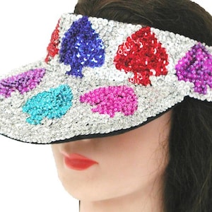 Hand-sewn Silver Sequin Sun Visor, Colorful Spades, Festival Rave Headwear