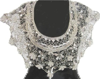 Glitzernder, silberfarbener Pailletten-Schal, floraler Perlenbesatz, Braut-Überwurf, Ballkleid-Accessoire