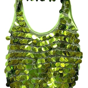 Bolso de mano de ganchillo con lentejuelas en verde lima: bolso llamativo con asa tejida y cierre a presión.