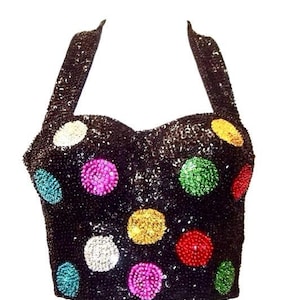 Haltertop met lovertjes zwart gaas met veelkleurige stippen Verstelbare achterkant Feestbustier