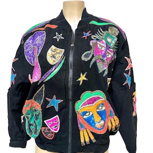 Pailletten-Bomberjacke, Schwarz-Mehrfarbig, Polyester, glänzender Reißverschluss vorne, Damen-Party-Stil, Größe M