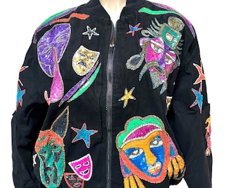 Sequin Bomber Jacket Black Multi-Color: Shiny Polyester Zip-Up Size S-XL