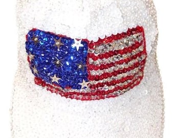 Gorra de béisbol blanca brillante con lentejuelas y la bandera de EE. UU., accesorio patriótico de verano.