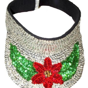 Hand-Sewn Sequin Sun Visor, Silver Poinsettia Holiday Hat, Festive Glitter Headwear