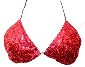 Sequin Bikini Set Red, Sparkly 2pc Set, Beach Party Look Outfit, Miami Swimwear, Vegas Pool, Clubwear for Women