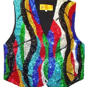 Gilet con perline e paillettes, arcobaleno, zig-zag, unisex, multicolore, in cotone fatto a mano